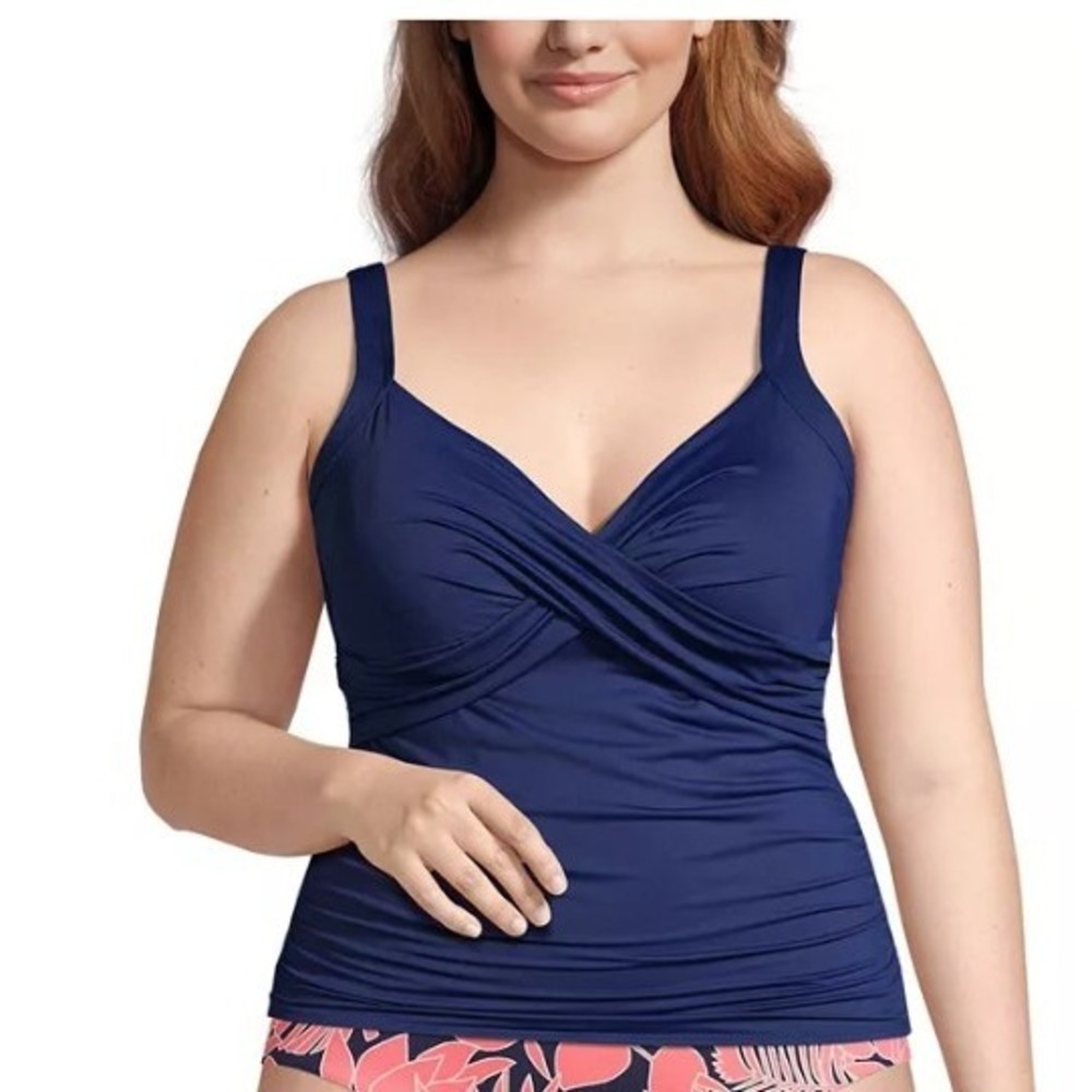 Land's End Deep Sea Navy Blue Sweetheart Wrap Underwire Tankini Swim Top 14DD